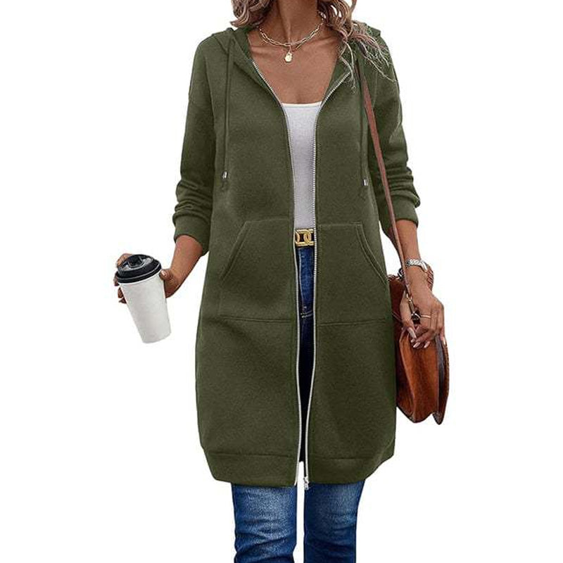 Chaqueta Larga con Capucha, Cremallera y Bolsillos para Mujer - Verde militar