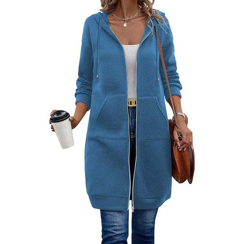 Chaqueta Larga con Capucha, Cremallera y Bolsillos para Mujer - Azul