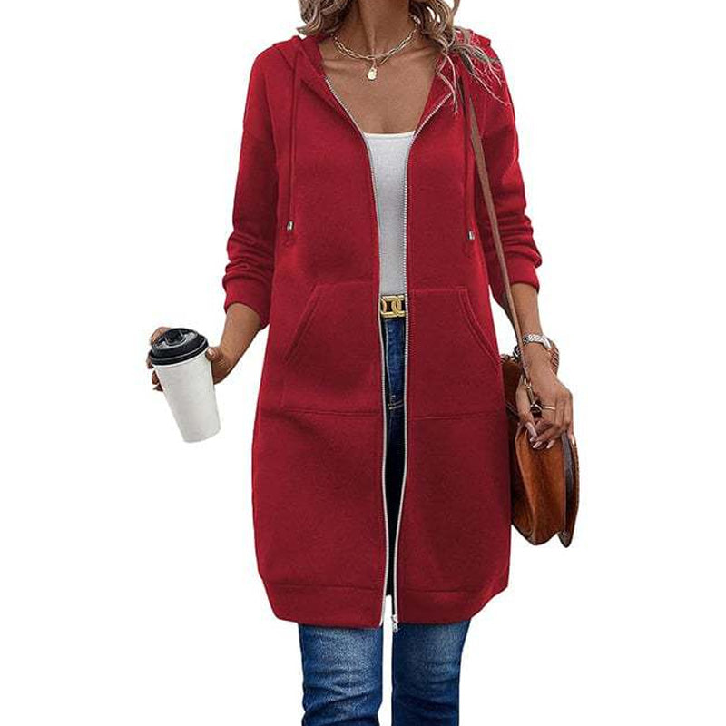 Chaqueta Larga con Capucha, Cremallera y Bolsillos para Mujer - Rojo