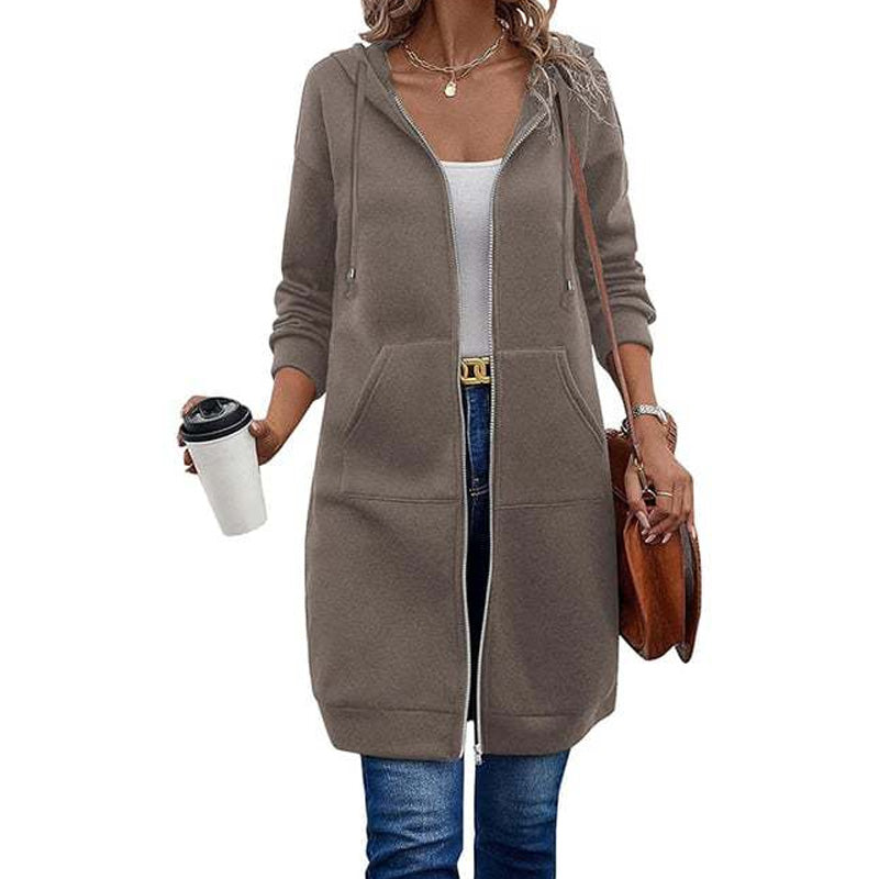 Chaqueta Larga con Capucha, Cremallera y Bolsillos para Mujer - Café