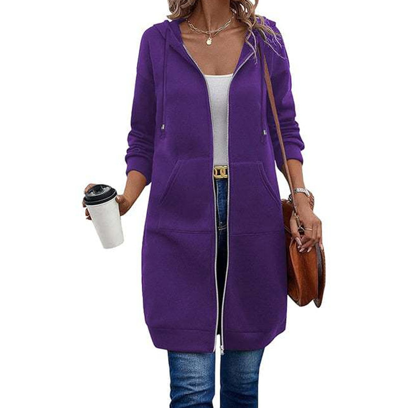 Chaqueta Larga con Capucha, Cremallera y Bolsillos para Mujer - Lila