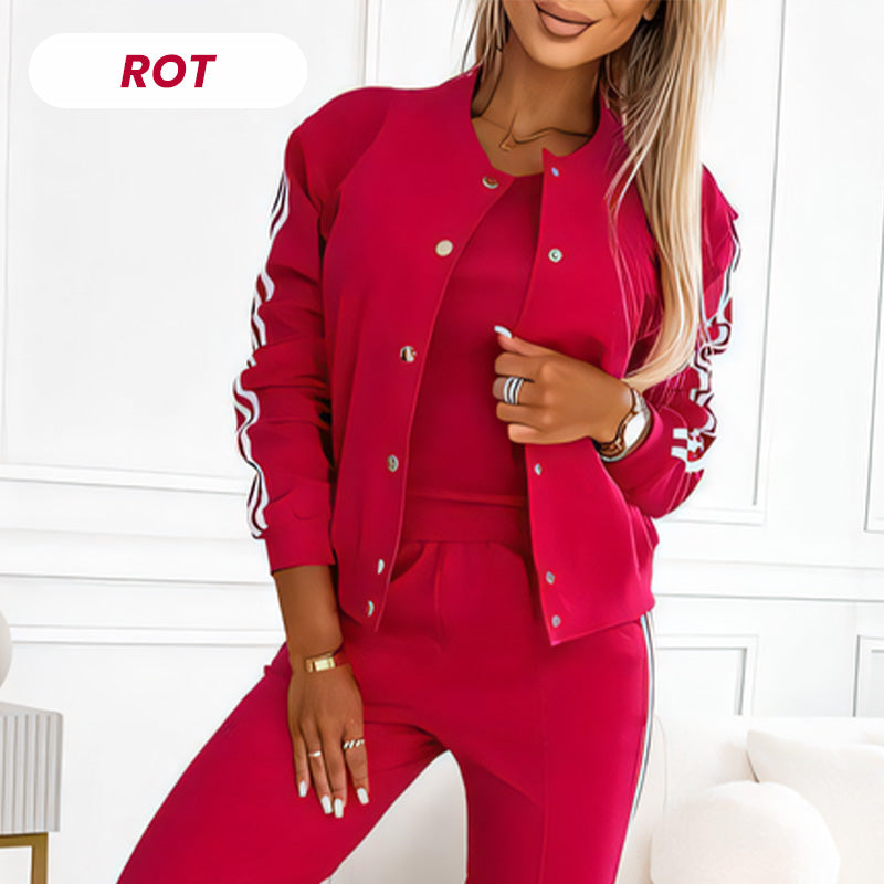 Conjunto Casual de 3 Piezas para Mujer: Chaqueta, Top de Tirantes y Pantalón - Rojo