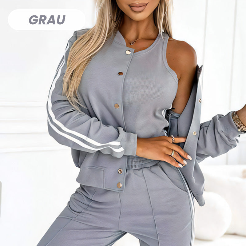 Conjunto Casual de 3 Piezas para Mujer: Chaqueta, Top de Tirantes y Pantalón - Gris