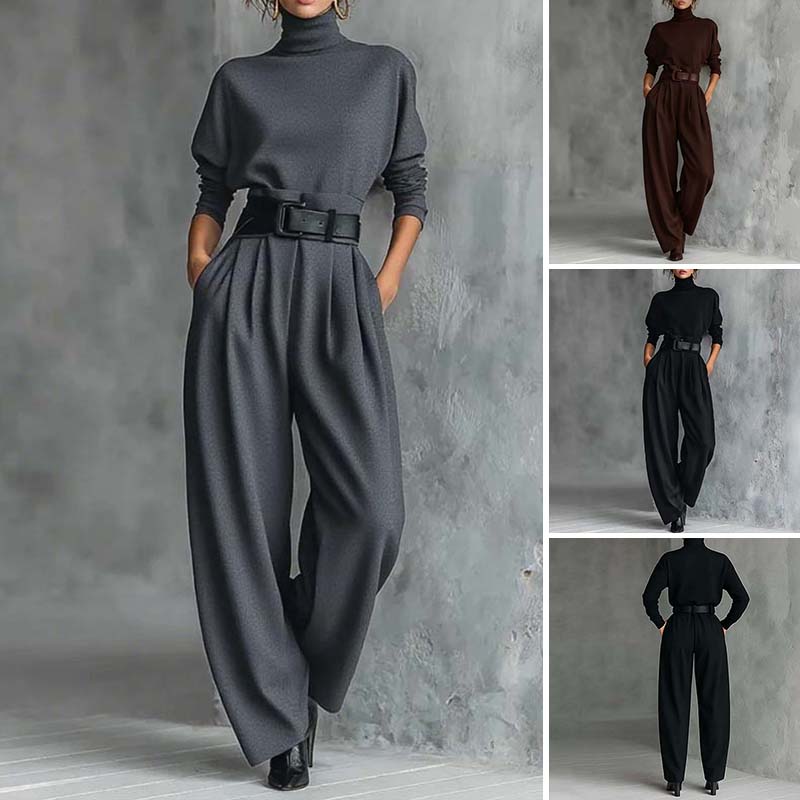 Conjunto Elegante de Dos Piezas: Top de Cuello Alto y Pantalón de Talle Alto