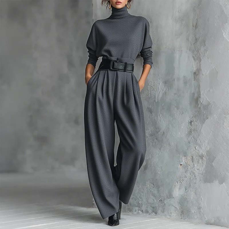 Conjunto Elegante de Dos Piezas: Top de Cuello Alto y Pantalón de Talle Alto - Gris