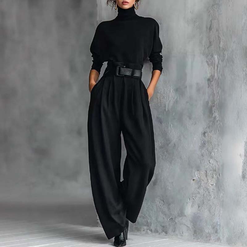 Conjunto Elegante de Dos Piezas: Top de Cuello Alto y Pantalón de Talle Alto - Negro