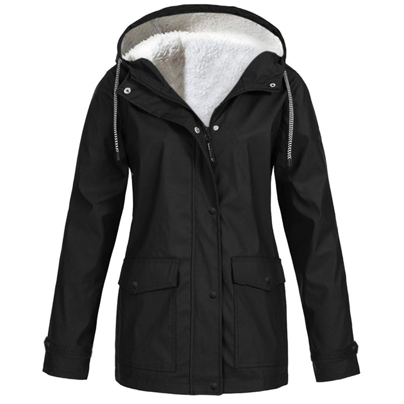 Chaqueta Cortavientos con Forro Polar Suave y Capucha - Negro