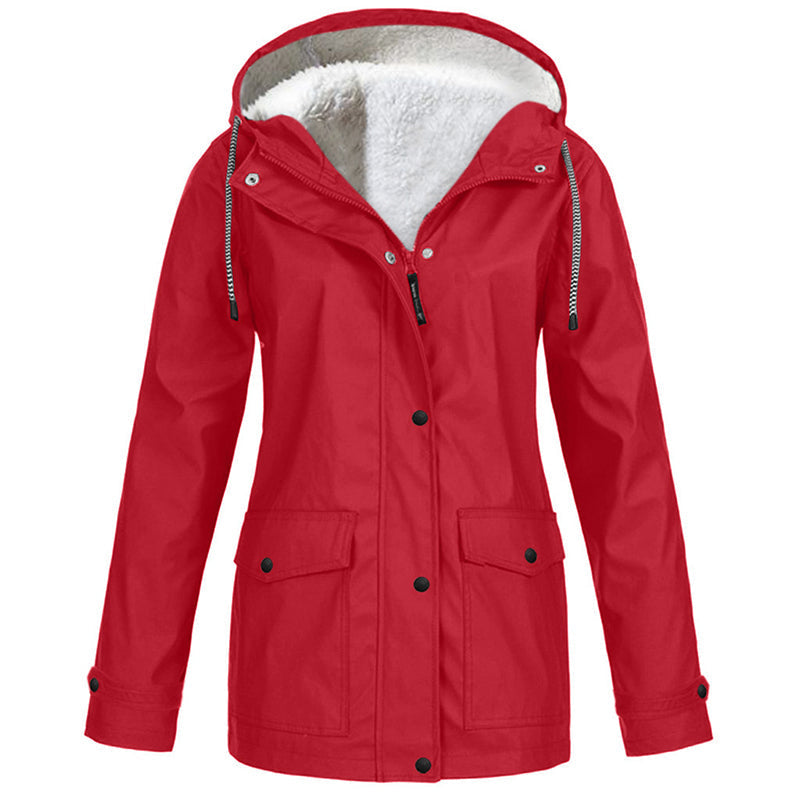 Chaqueta Cortavientos con Forro Polar Suave y Capucha - Rojo