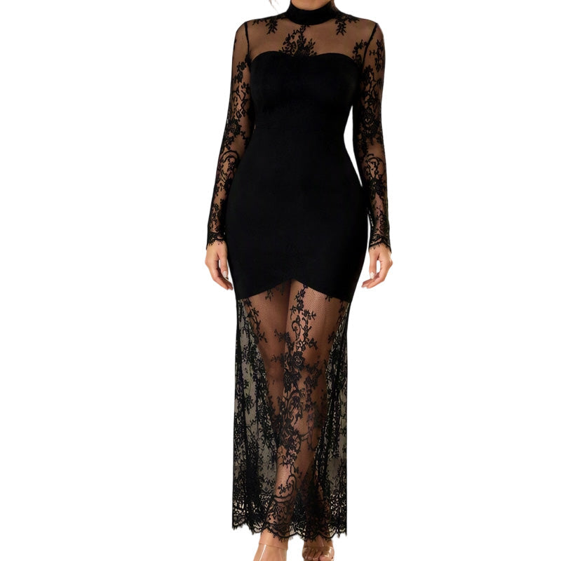 Vestido Largo de Manga Larga con Detalle de Encaje - Negro