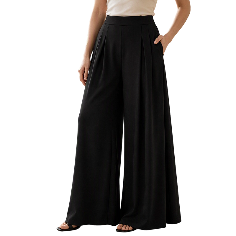 Pantalón Ancho Fluido de Talle Alto para Mujer - Negro