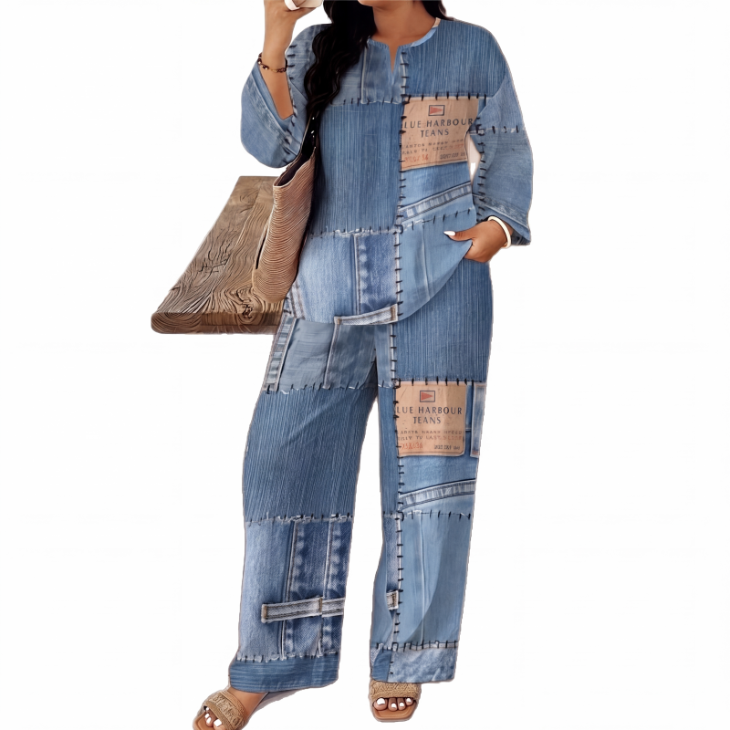 Conjunto de Top de Manga Larga y Pantalón Ancho para Mujer - Estilo A