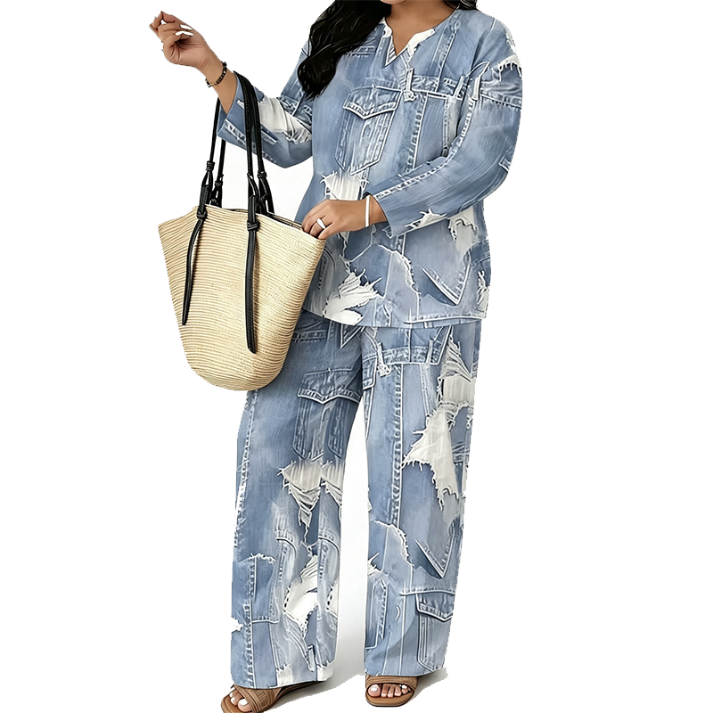 Conjunto de Top de Manga Larga y Pantalón Ancho para Mujer - Estilo D