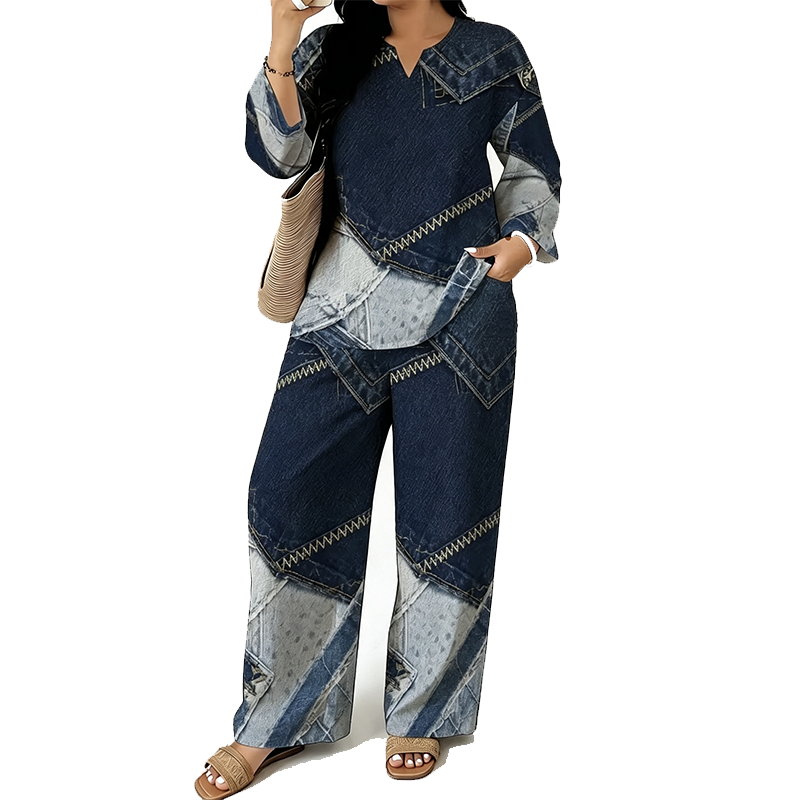 Conjunto de Top de Manga Larga y Pantalón Ancho para Mujer - Estilo F