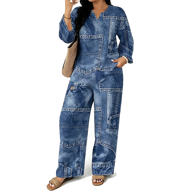 Conjunto de Top de Manga Larga y Pantalón Ancho para Mujer - Estilo E